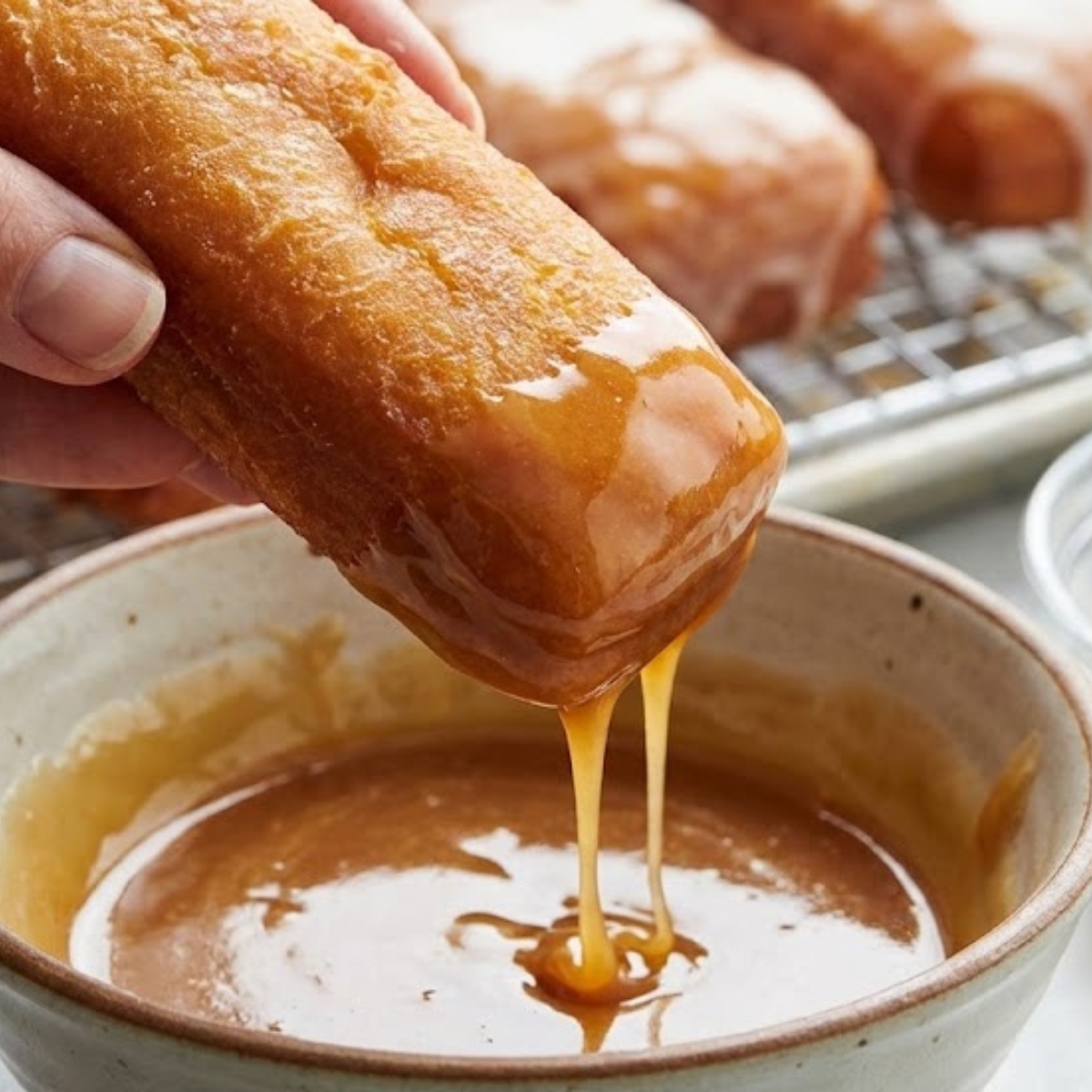 A close-up photo of a hand dipping a fried donut bar into a bowl of maple glaze.