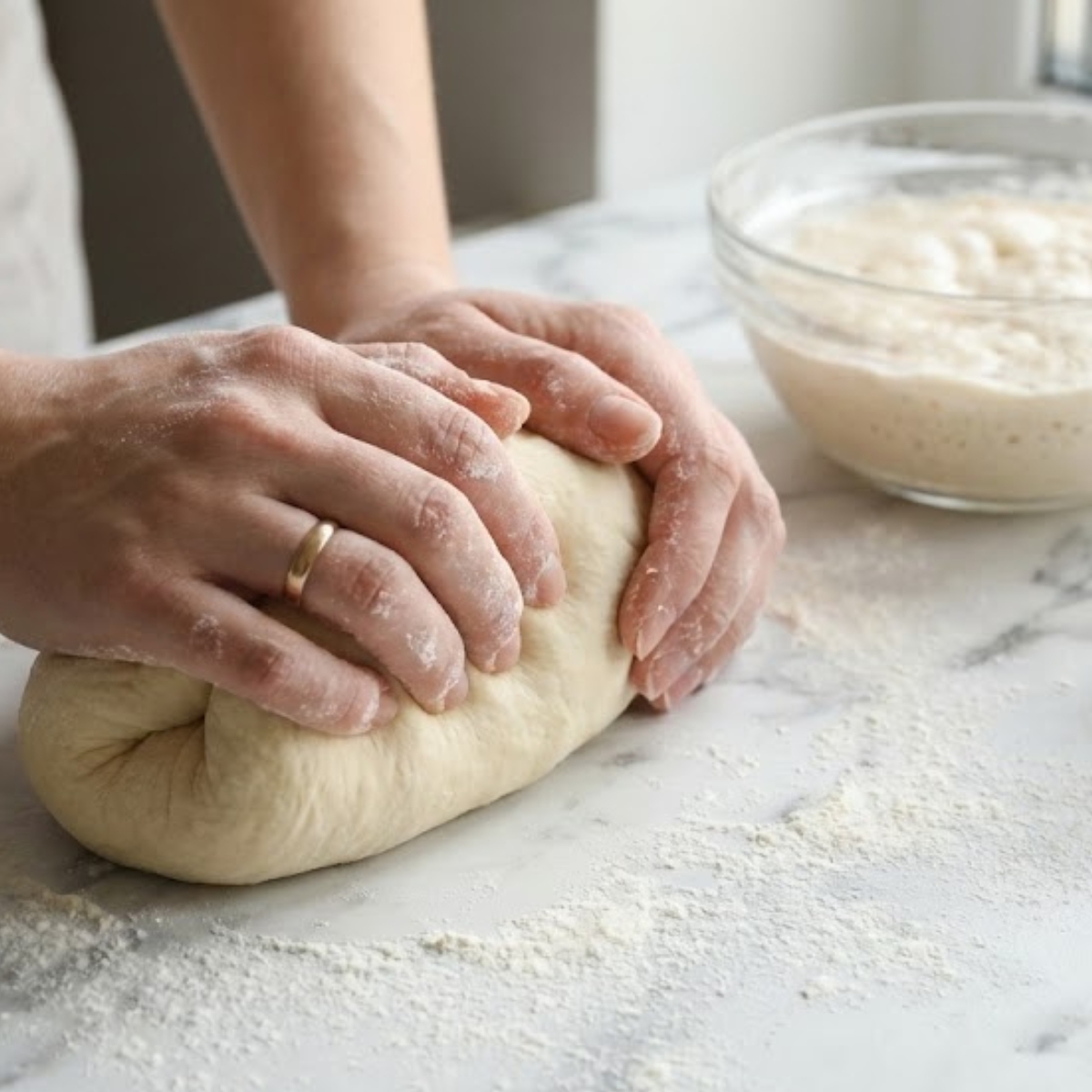 A close-up photo of hands kneading dough on a floured surface for homemade maple donut bars.