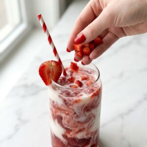 Extreme close-up view of a finished swirled Strawberry Milk drink in a can-shaped glass. A young woman's hand with classic red nails is dropping fresh diced strawberries onto the top of the milk, next to a red-and-white striped straw and a strawberry rim garnish.