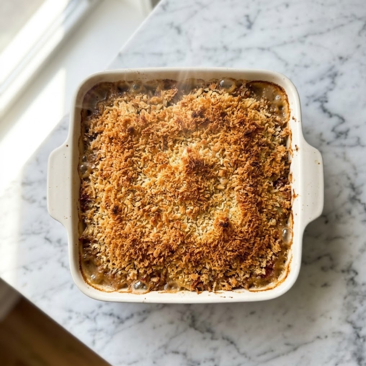 Overhead view of a hot, freshly baked Corned Beef and Cabbage Casserole topped with a deeply golden-brown panko breadcrumb crust, resting in a baking dish on a white marble counter top in natural daylight. Steam is rising. No hands are visible.