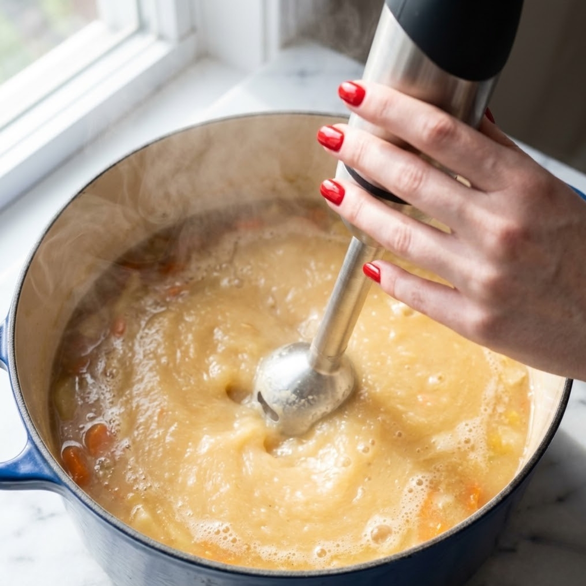 Close-up view of a young woman's hands with classic red nails using an immersion blender to puree hot, simmered apples and vegetables into a smooth, velvety soup inside a Dutch oven.