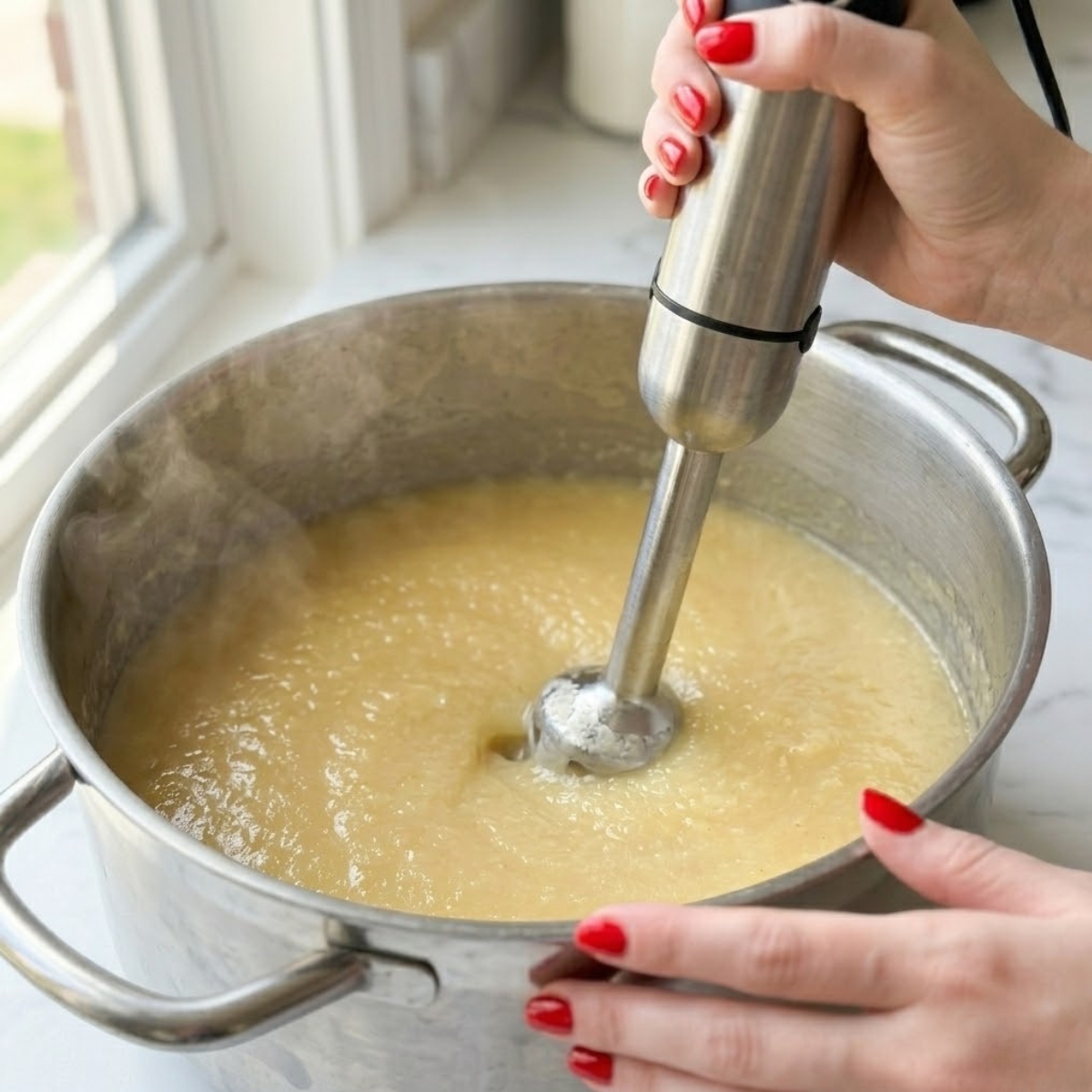 Close-up view dyal young woman's hands f classic red nails using l- identical immersion blender f equipment f actively puree l- pale golden, unblended chunks seen f image_35.png into perfectly smooth, velvety mixture inside l- identical large Dutch oven f a white marble counter top f natural left light, illustrative dyal Step 3 dyal l- process.