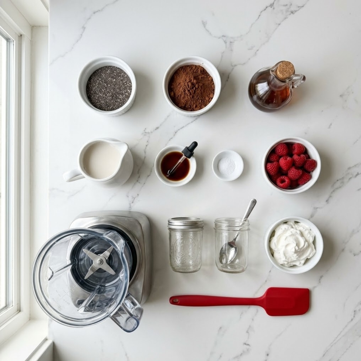 Organized overhead flat lay of raw ingredients for Blended Chocolate Chia Pudding, including chia seeds, cocoa powder, almond milk, maple syrup, raspberries, and whipped cream, arranged on a white marble counter in natural light. No hands are visible.