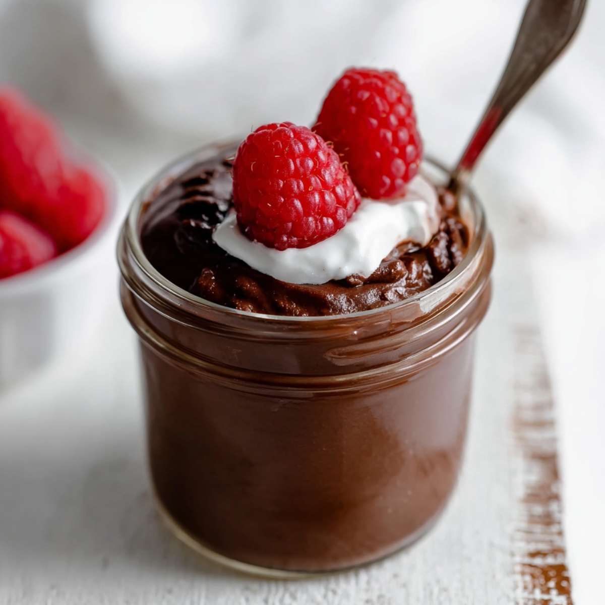 A glass jar of smooth blended chocolate chia pudding topped with a dollop of whipped cream and two fresh raspberries, with a spoon resting in the jar and a bowl of raspberries blurred in the background.