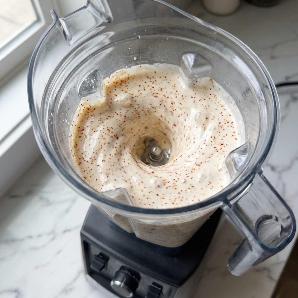 Close-up of a tangy mayonnaise and lime dressing speckled with chili powder spices swirling vigorously inside a blender pitcher on a white marble kitchen counter.