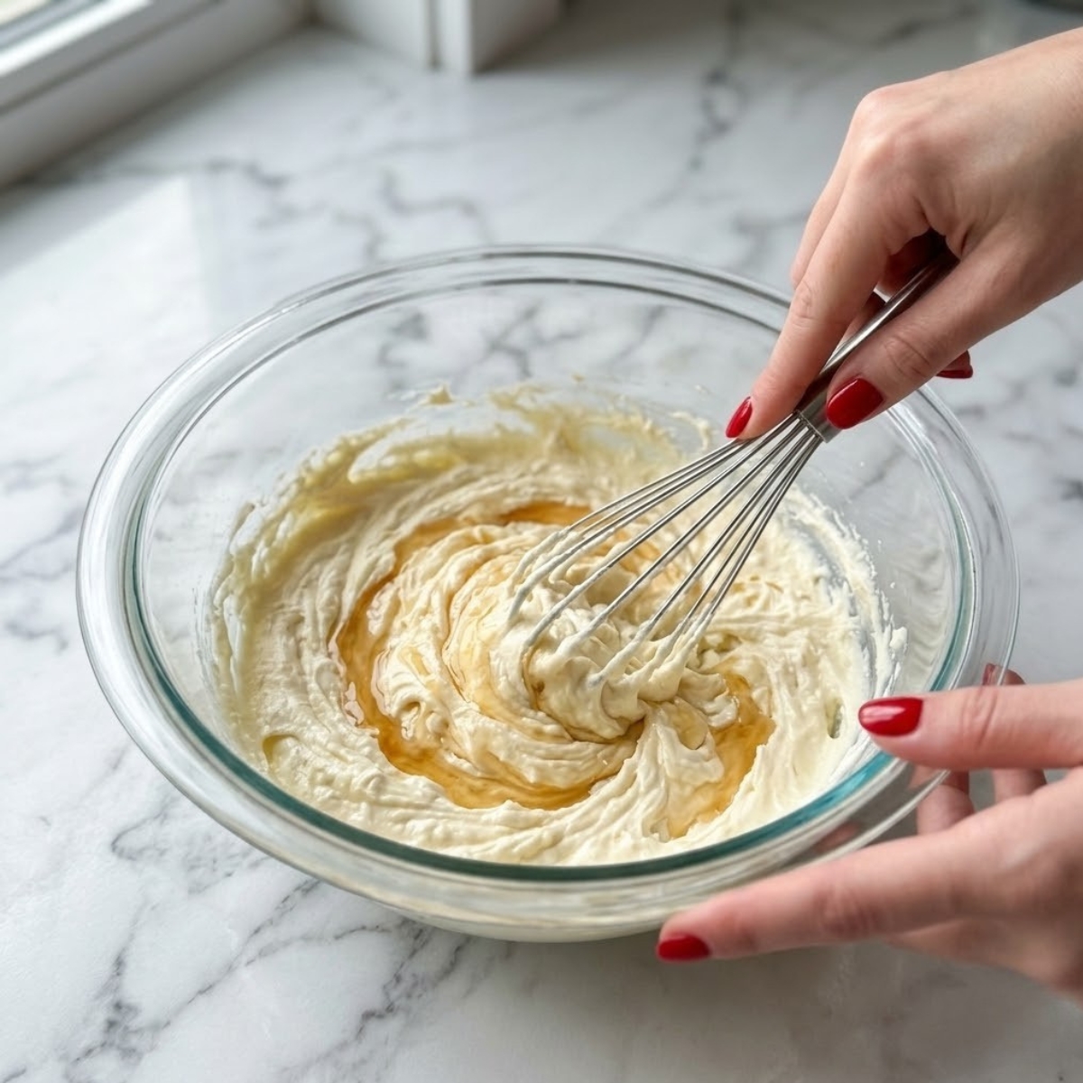 Close-up view dyal young woman's hands f classic red nails using a whisk dyal blend raw, unbaked cream cheese and honey f a glass bowl f a white marble counter, illustrating Step 3 dyal l- recipe. Natural left light illuminates the texture.