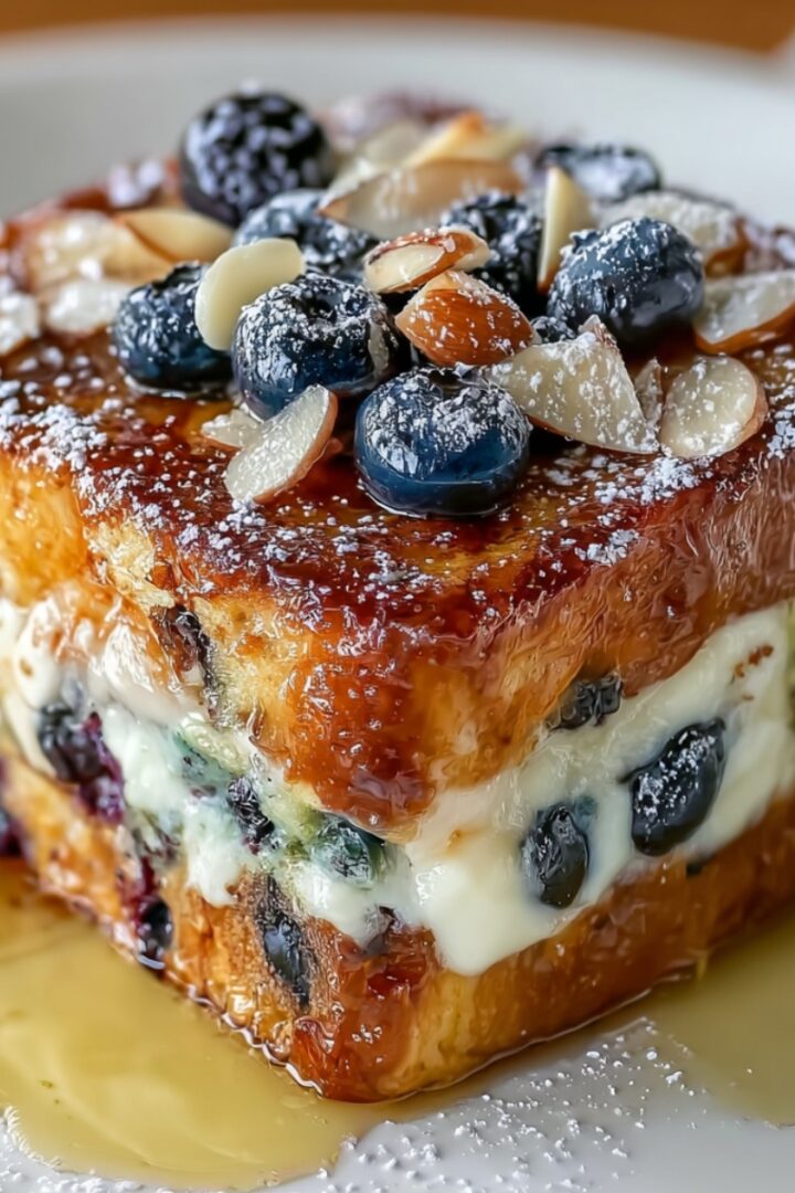 Blueberry Lemon Sourdough Toast stuffed with lemon cream cheese and blueberries, topped with sliced almonds, powdered sugar, and maple syrup.