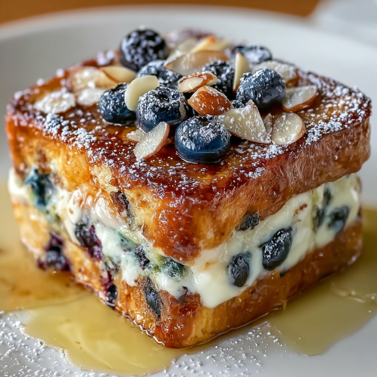 Blueberry Lemon Sourdough Toast stuffed with lemon cream cheese and blueberries, topped with sliced almonds, powdered sugar, and maple syrup.
