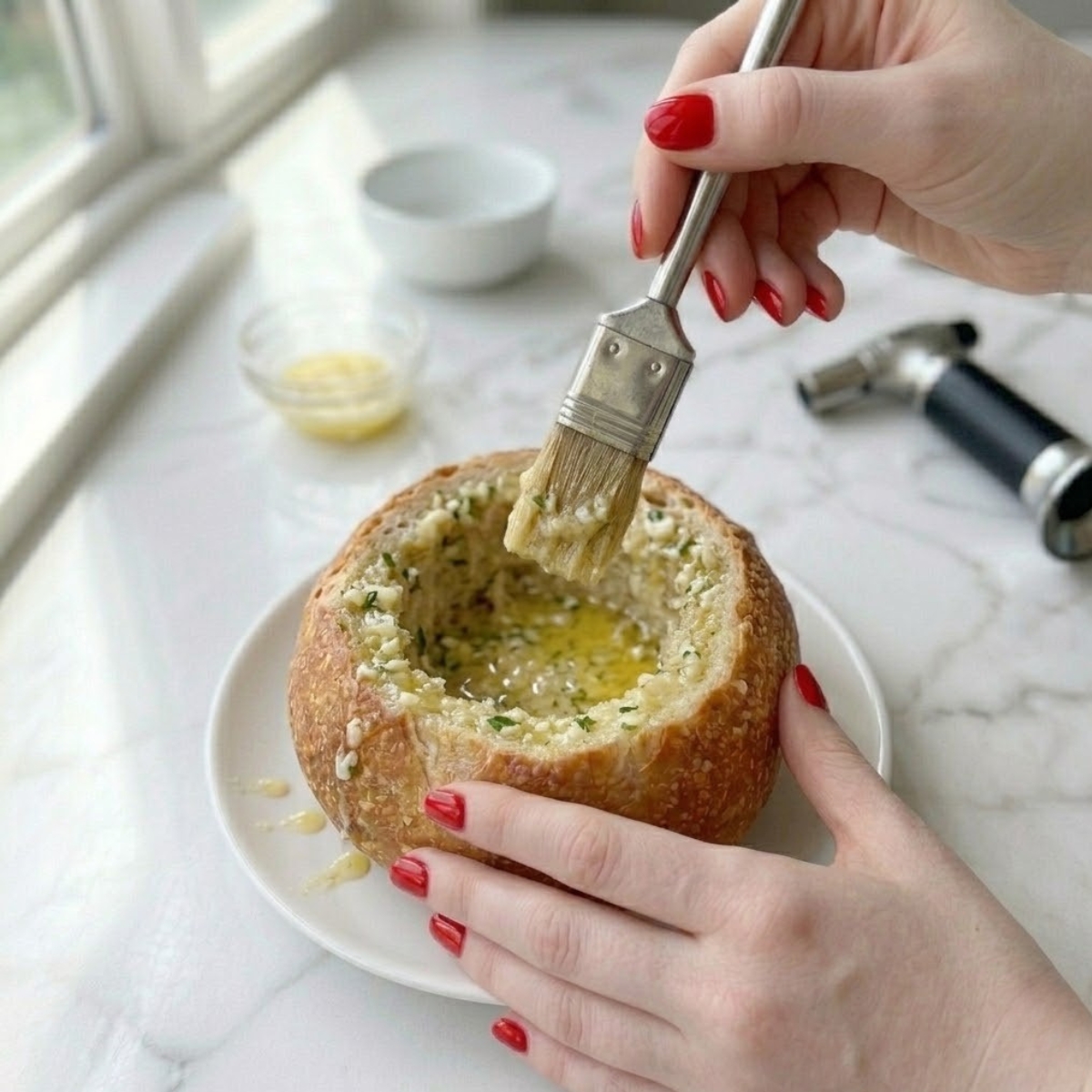 Close-up view dyal a young woman's hand f classic red nails using a pastry brush dyal apply melted garlic butter into l- hollowed center dyal a sourdough boule resting f a white marble counter, illustrating Step 1 dyal l- recipe.