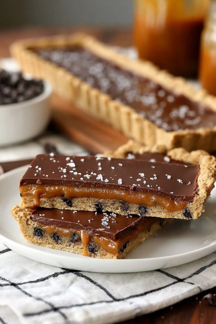 Chocolate Chip Salted Caramel Tart slices stacked on a white plate, revealing a chocolate chip cookie crust, gooey caramel layer, smooth chocolate ganache, and flaky sea salt.