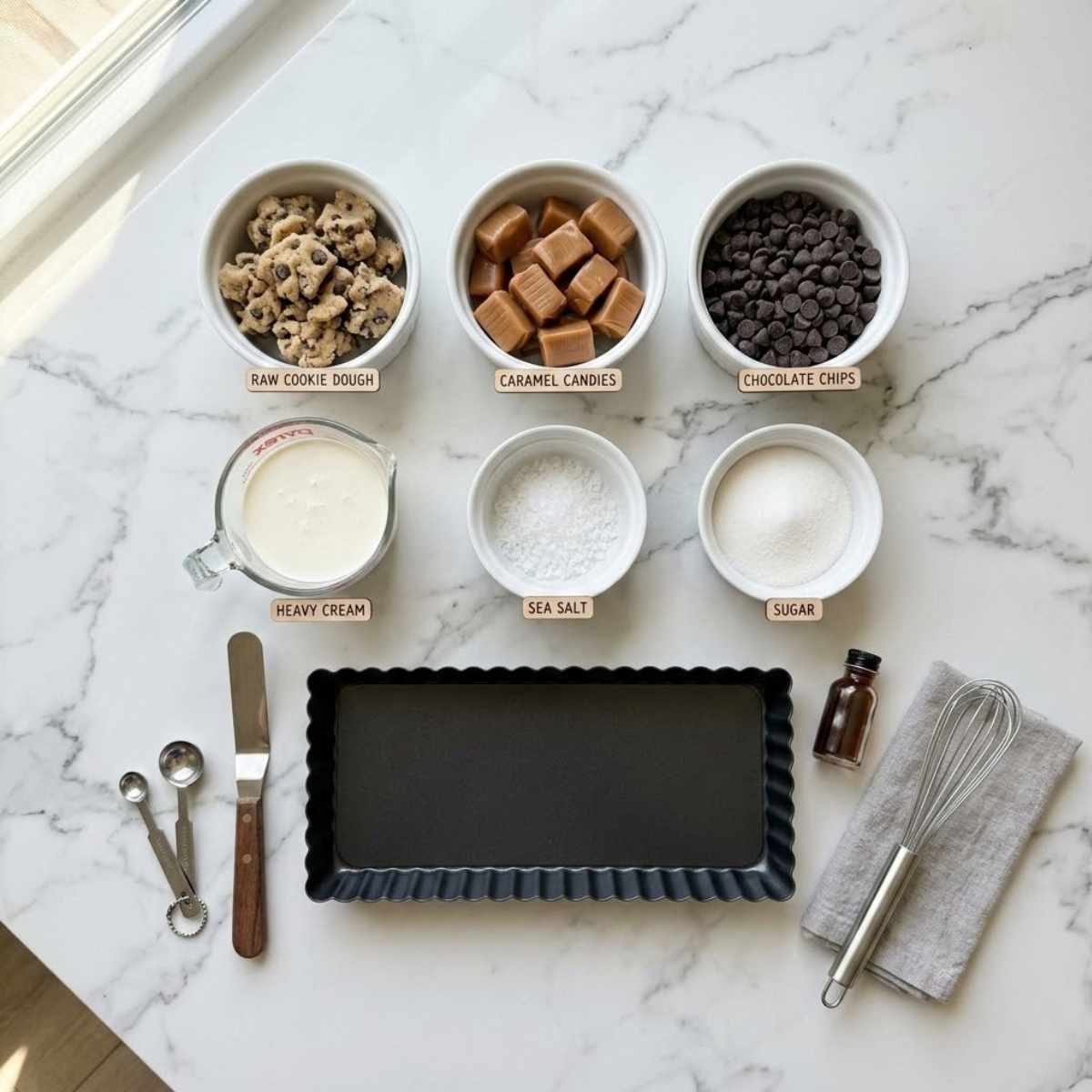Organized overhead flat lay of raw ingredients for Chocolate Chip Salted Caramel Tart, including cookie dough, soft caramels, chocolate chips, and flaky sea salt, neatly arranged in bowls on a white marble counter in natural light. No hands are visible.