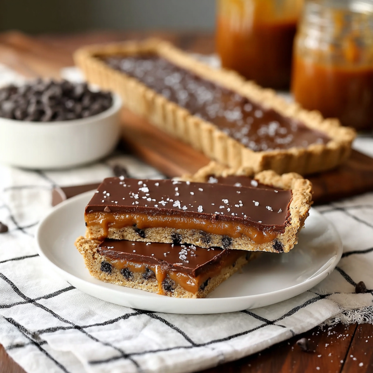 Chocolate Chip Salted Caramel Tart slices stacked on a white plate, revealing a chocolate chip cookie crust, gooey caramel layer, smooth chocolate ganache, and flaky sea salt.