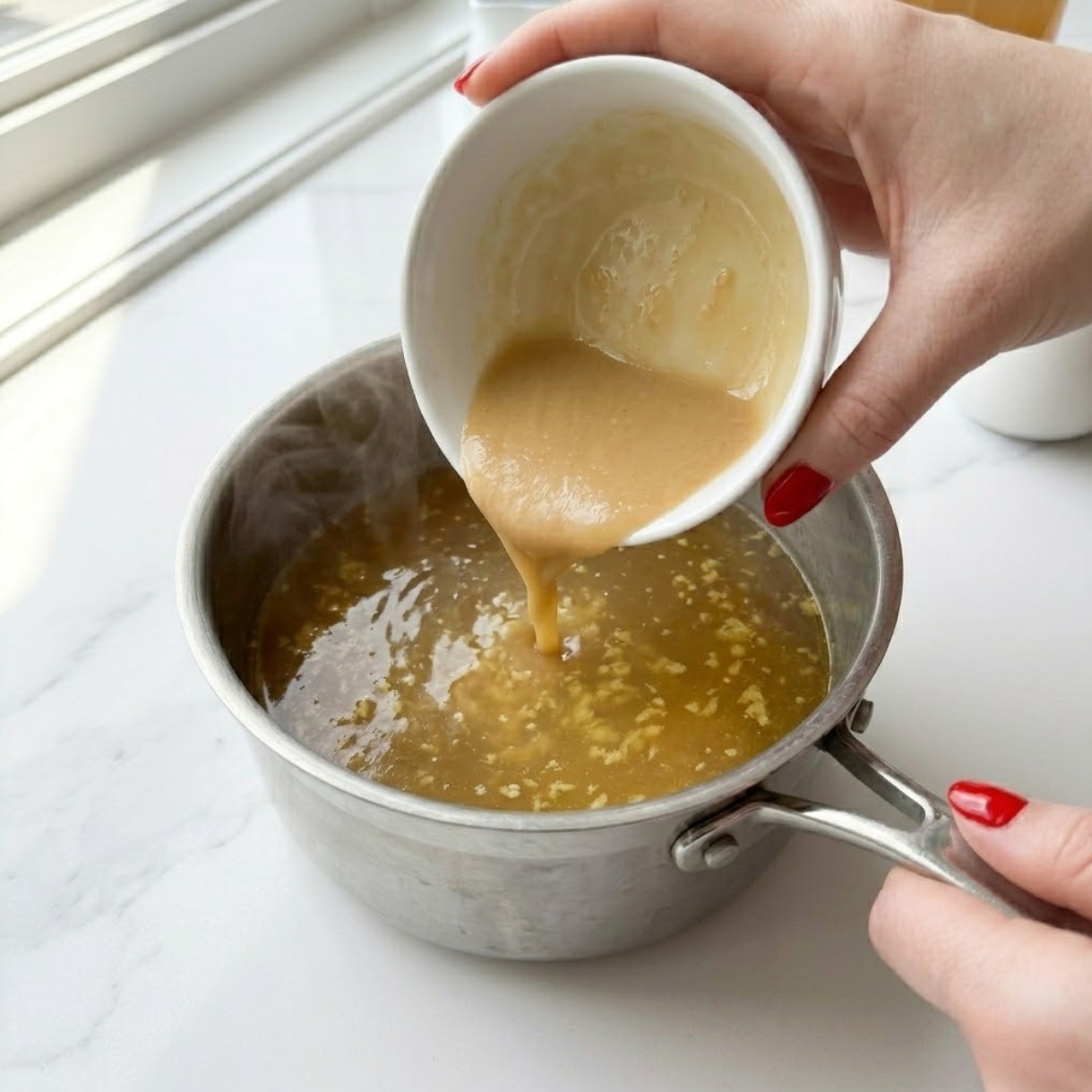 Close-up view dyal young woman's hands f classic red nails holding a small bowl and actively pouring smooth, light tan thinned miso mixture f a medium saucepan filled f golden, ginger-infused vegetable broth f a white marble kitchen counter f natural left light.