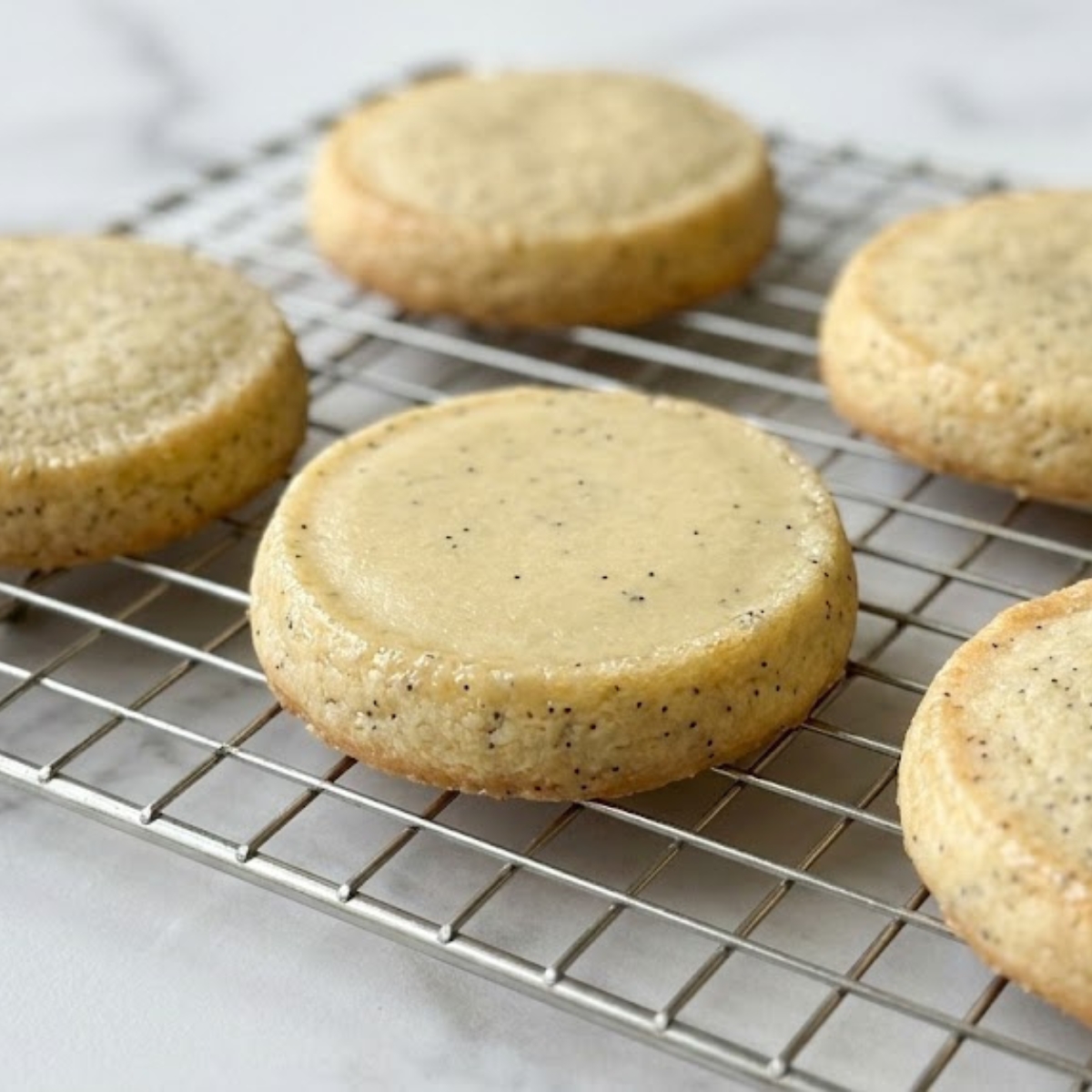 A close-up view of five cooled, thick, round Crème Brûlée sugar cookies, complete with visible vanilla bean specks, resting on a wire cooling rack on a white marble counter with natural light.