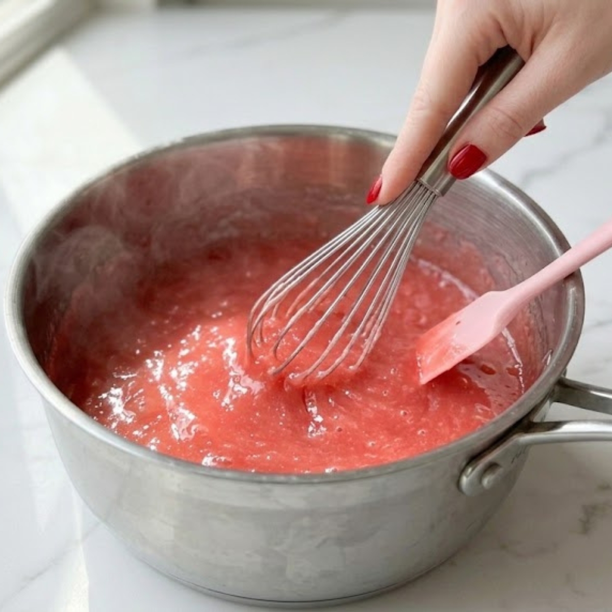 Close-up of a young woman's hands with classic red nails whisking a mixture in a small saucepan on a marble counter in natural daylight, showing a thick, boiling pink guava mirror glaze forming.