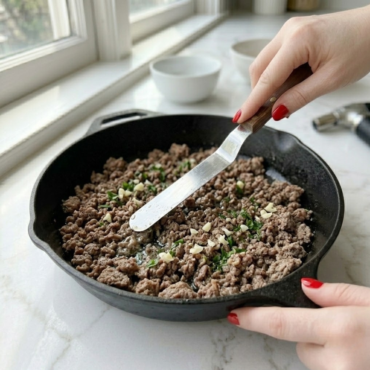 Close-up view dyal a young woman's hands f classic red nails using a wooden spoon dyal break up and stir cooked and seasoned ground beef f a large skillet f a white marble counter, illustrating Step 2 dyal l- recipe.