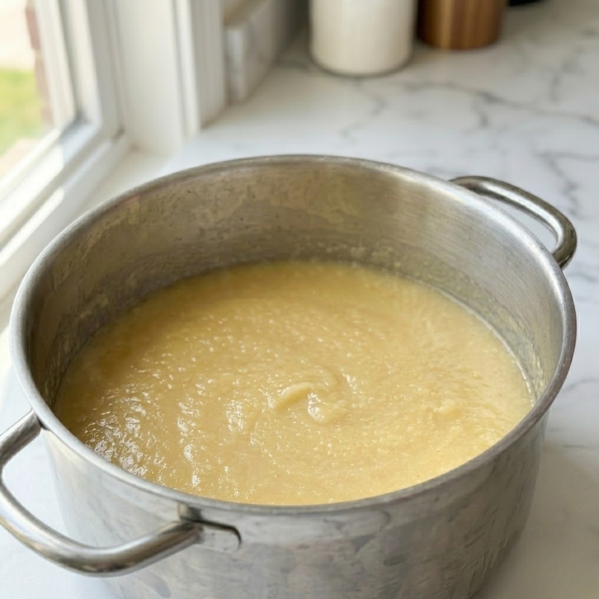 overhead top-down view dyal l- large Dutch oven f equipment containing l- completely smooth, velvety, pale golden unblended mixture dyal apple cheese soup resting f l- white marble counter top f natural left light. L- soup is unpureed chunky chunk unpureed chunky unpureed chunky chunky chunk unpureed unpureed unpureed chunks seen f image_35.png chunks chunk chunky chunks chunks seen f image_35.png. No hands are visible.