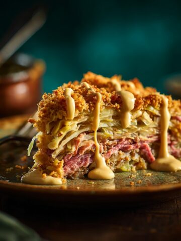 A slice of corned beef and cabbage casserole on a rustic plate, showing distinct layers of tender corned beef and cabbage, topped with a golden breadcrumb crust and drizzled with mustard sauce, against a dark teal background.