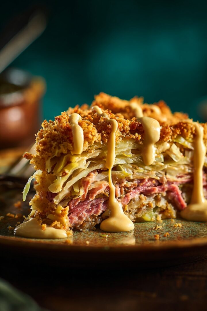 A slice of corned beef and cabbage casserole on a rustic plate, showing distinct layers of tender corned beef and cabbage, topped with a golden breadcrumb crust and drizzled with mustard sauce, against a dark teal background.