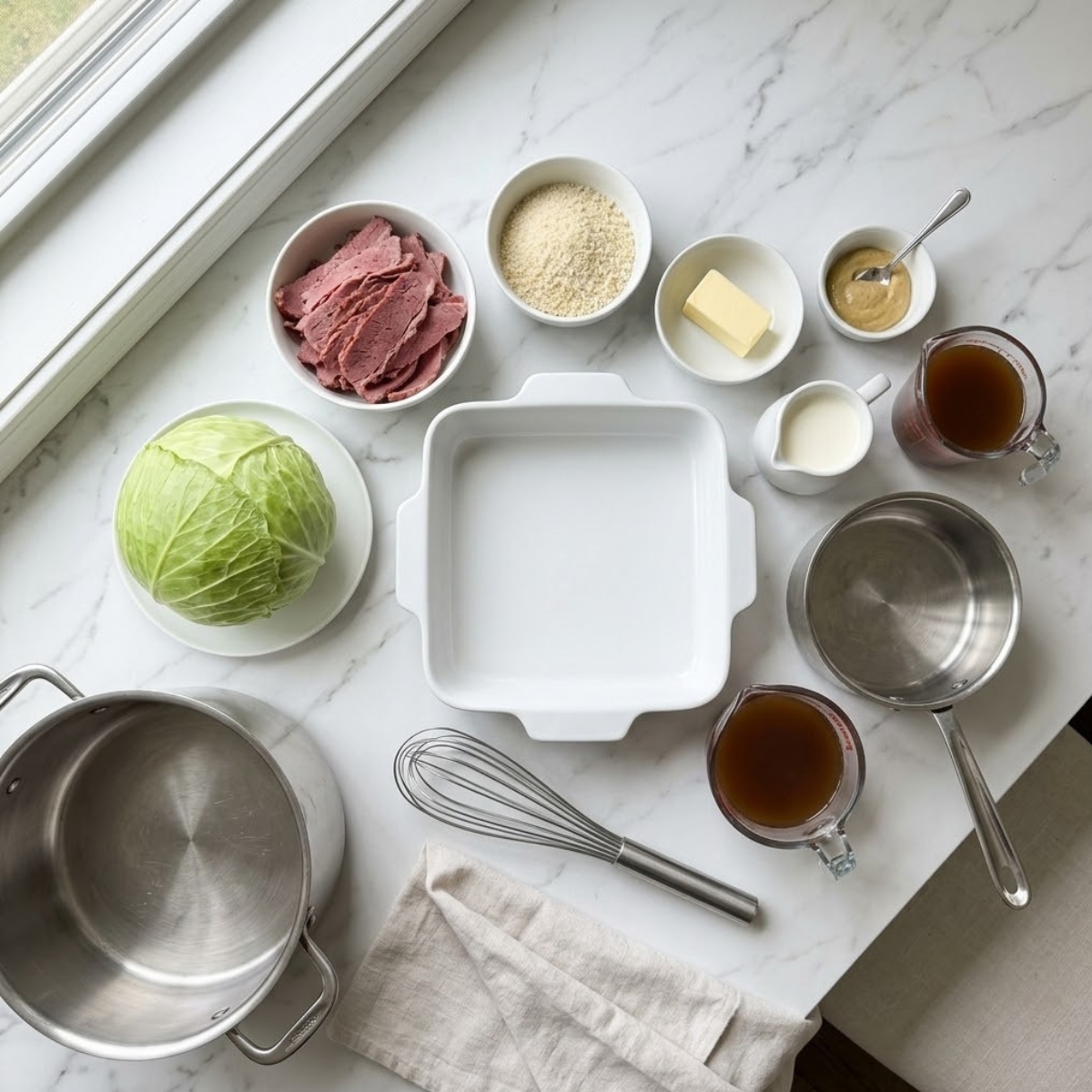 Organized overhead flat lay of raw ingredients for a Corned Beef and Cabbage Casserole, including green cabbage, corned beef slices, panko, butter, mustard, cream, and broth, arranged on a white marble counter in natural light. No hands are visible.