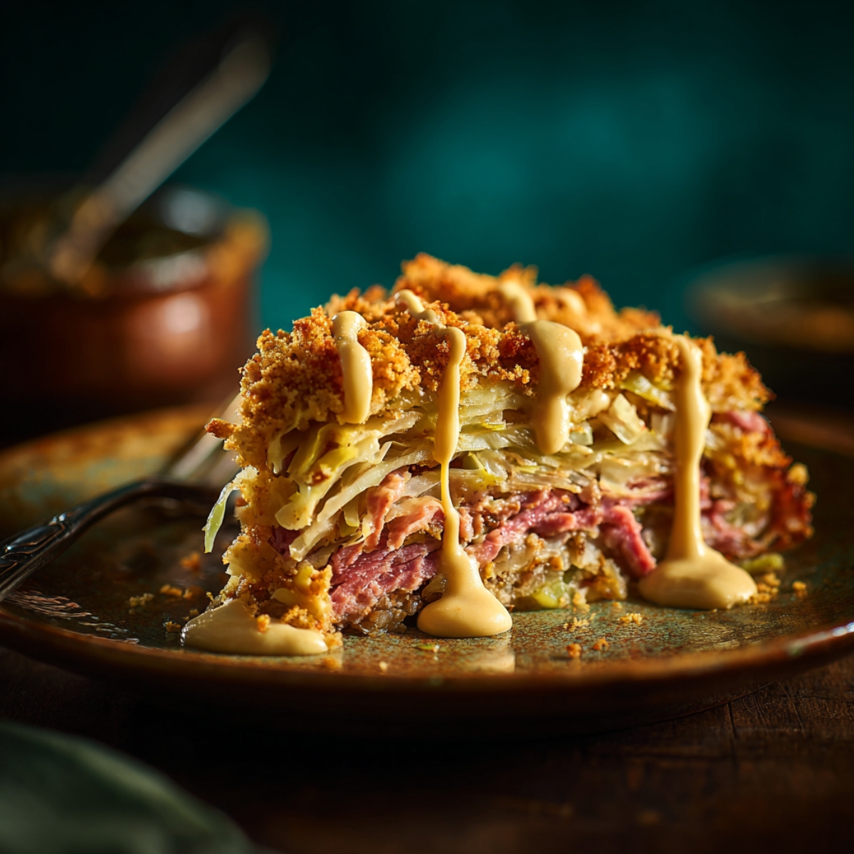 A slice of corned beef and cabbage casserole on a rustic plate, showing distinct layers of tender corned beef and cabbage, topped with a golden breadcrumb crust and drizzled with mustard sauce, against a dark teal background.