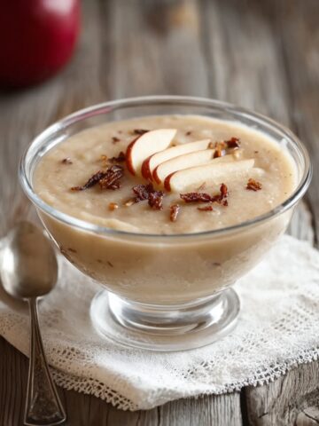 Creamy Apple Cheese Soup in a glass pedestal bowl with smooth golden soup, thin apple slices, and crispy bacon crumbles on a linen napkin.