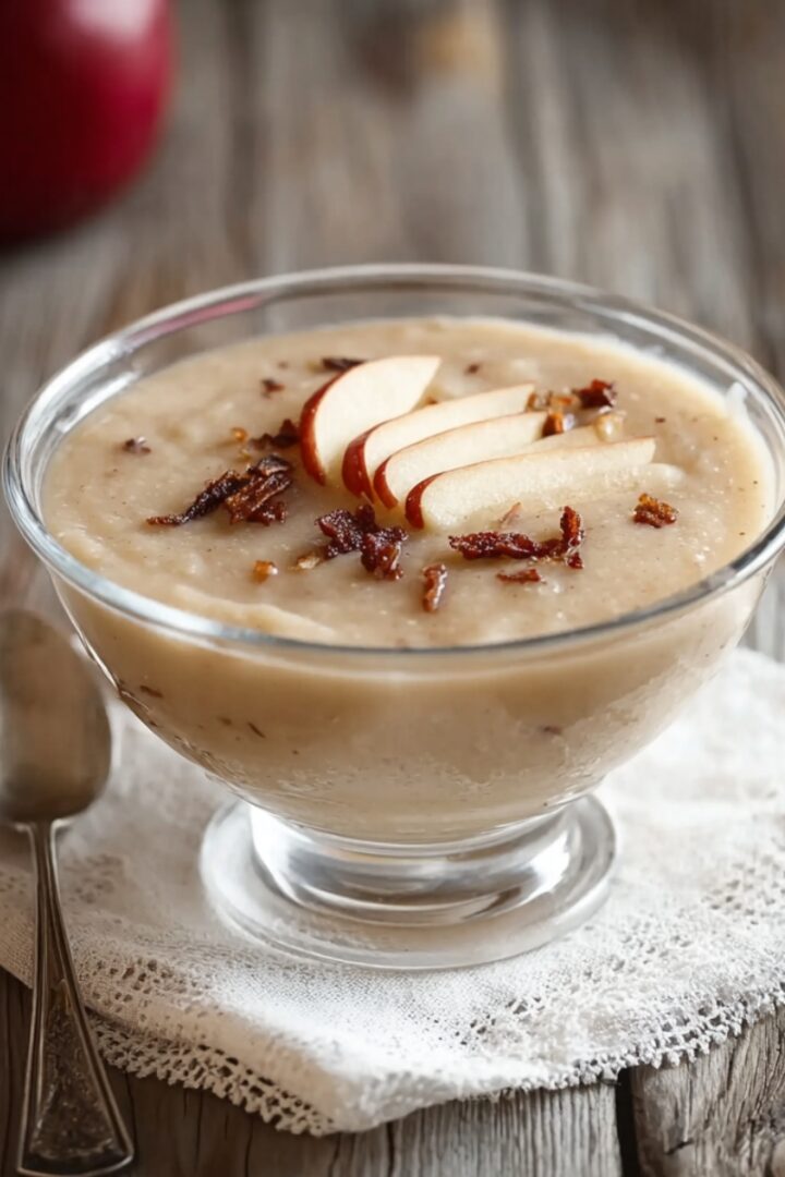 Creamy Apple Cheese Soup in a glass pedestal bowl with smooth golden soup, thin apple slices, and crispy bacon crumbles on a linen napkin.