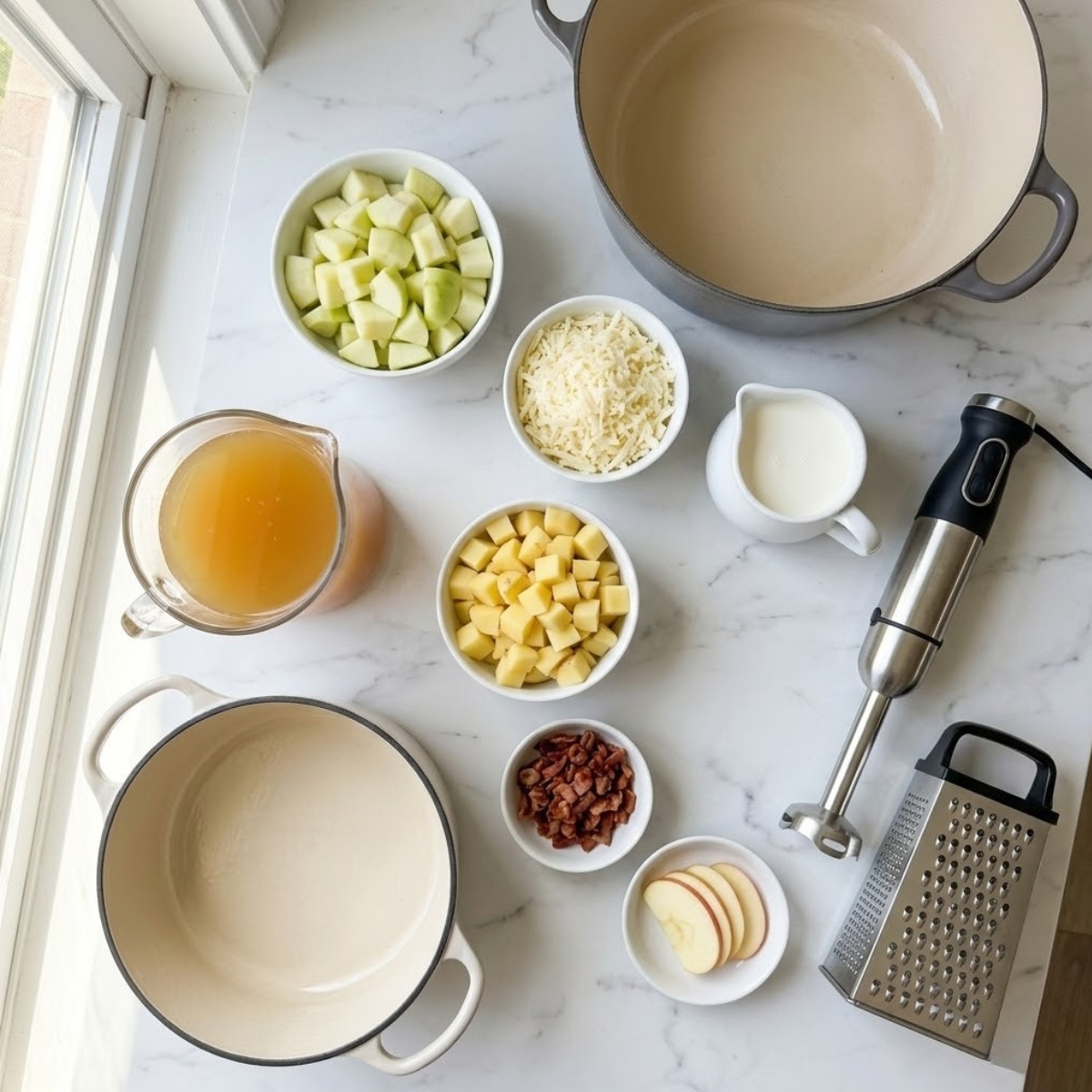 Organized overhead flat lay dyal raw ingredients for Creamy Apple Cheese Soup, including apples, potatoes, white cheddar cheese, chicken broth, heavy cream, and bacon bits garnish, neatly arranged f bowls on a white marble counter f natural left light. No hands are visible.