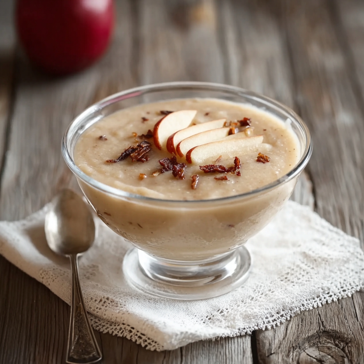 Creamy Apple Cheese Soup in a glass pedestal bowl with smooth golden soup, thin apple slices, and crispy bacon crumbles on a linen napkin.