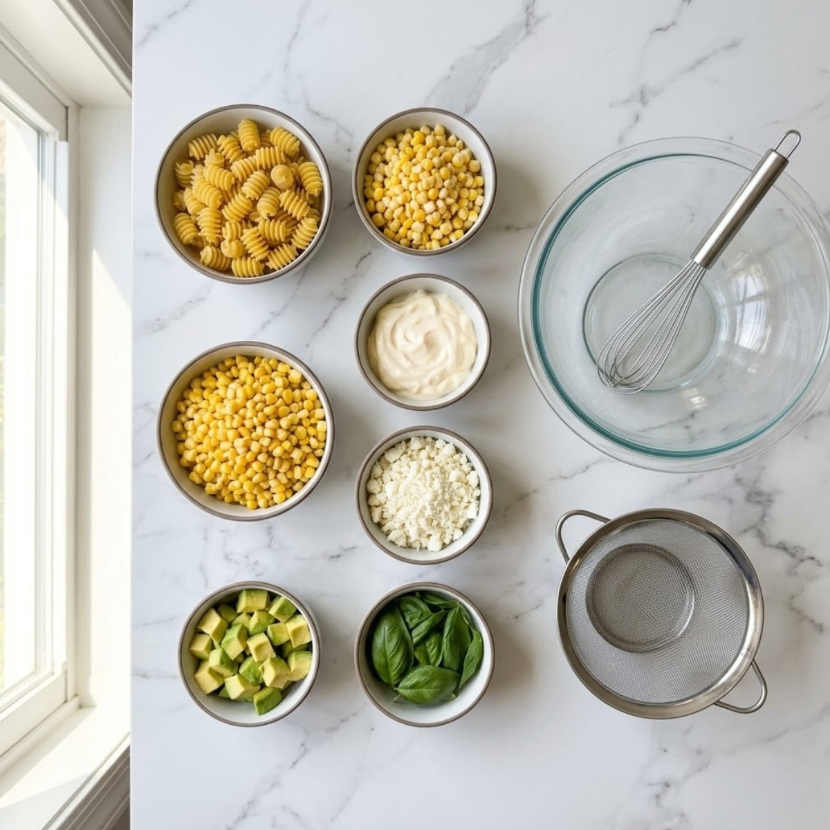 Overhead view of ingredients for a creamy street corn pasta salad, including radiatori, fresh corn, cotija, avocado, and basil, organized on a white marble kitchen counter.
