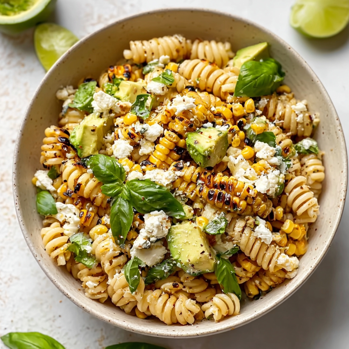 An overhead view of a speckled ceramic bowl filled with creamy street corn pasta salad — rotini pasta mixed with charred corn kernels, diced avocado, crumbled cotija cheese, and fresh basil leaves, with lime wedges and fresh basil scattered around the bowl on a white surface.
