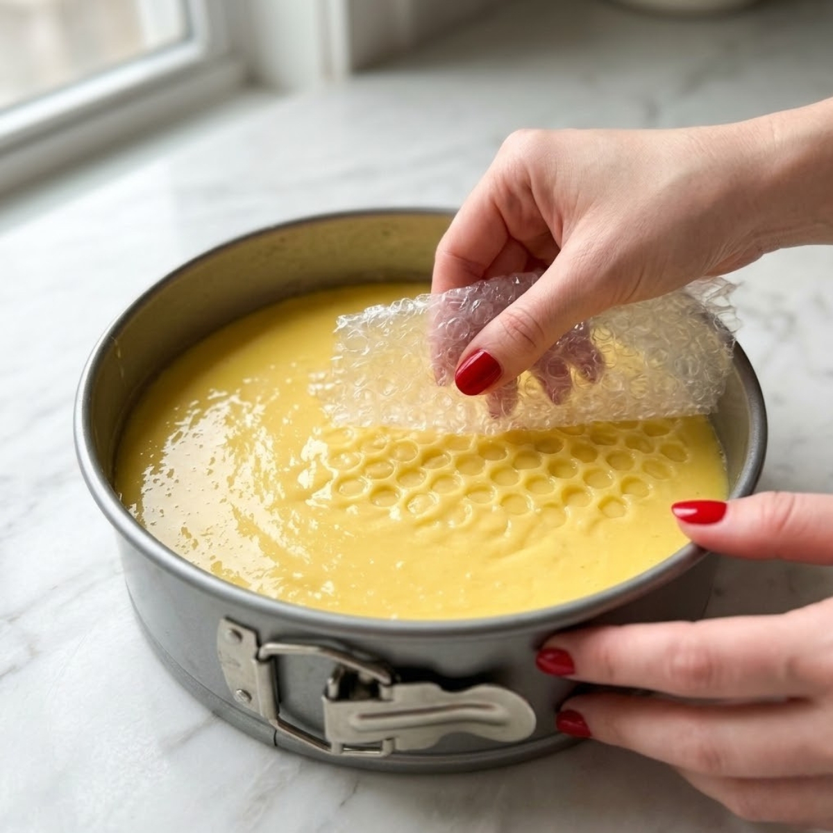 Close-up dyal young woman's hands f classic red nails actively pressing a piece of clean bubble wrap f the surface dyal smooth, raw lemon lavender cheesecake filling f an 8-inch springform pan f a white marble kitchen counter, illustrating Step 4 dyal l- process. Natural left light illuminates the glistening surface.