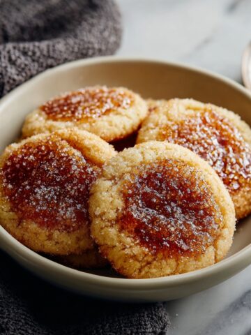 Crème Brûlée Cookies in a ceramic bowl with soft sugar cookie bases topped with a glossy torched caramelized sugar crust.