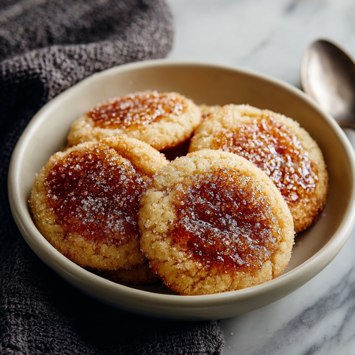 Crème Brûlée Cookies in a ceramic bowl with soft sugar cookie bases topped with a glossy torched caramelized sugar crust.