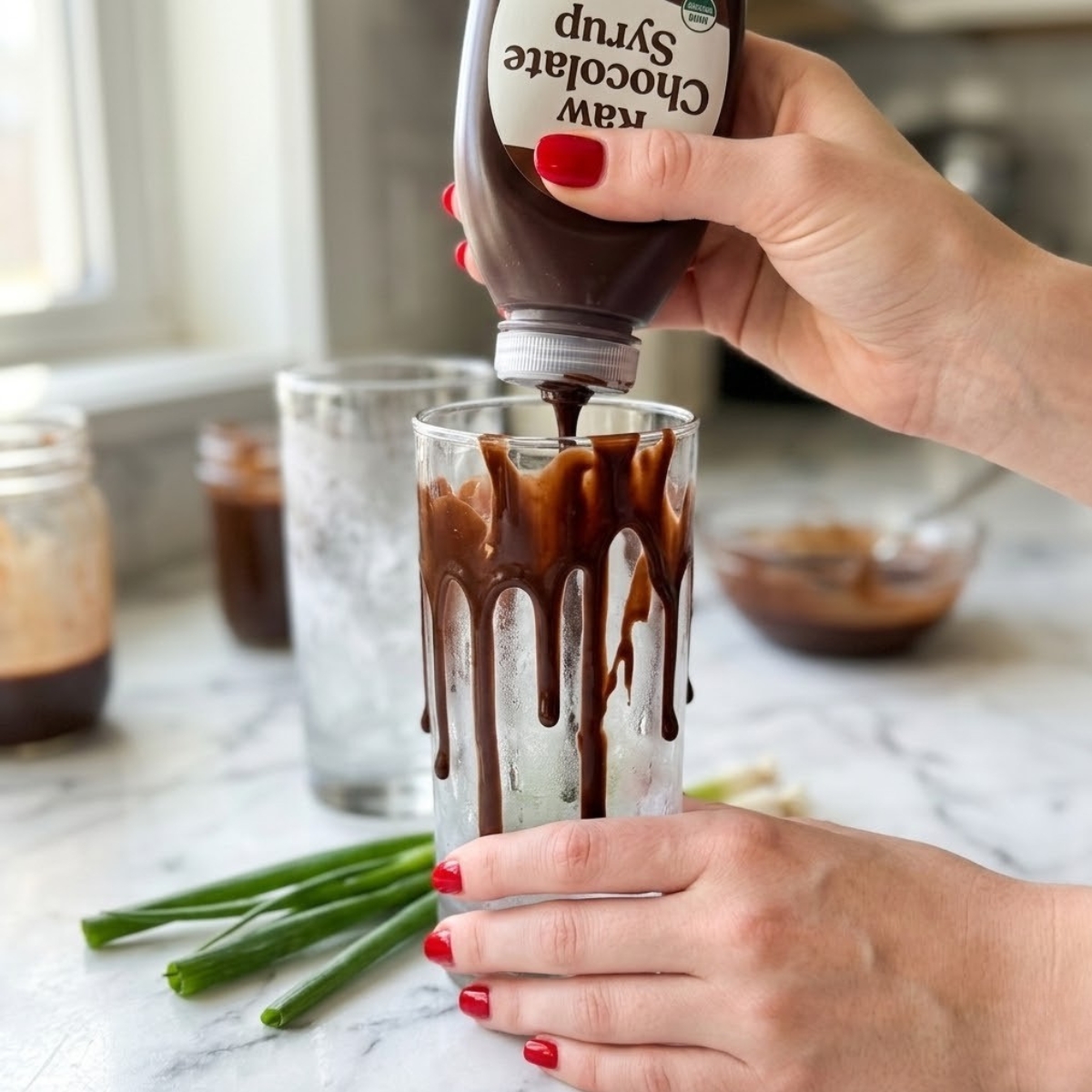 Close-up view dyal young woman's hand f classic red nails actively squeezing a heavy drizzle dyal dark chocolate syrup down l- internal walls dyal standard tall frosty serving glasses f a white marble kitchen counter, illustrative dyal Step 1 dyal l- process and l- appearance seen f image_40.png. Focus critical f l- red nail and cascading chocolate.