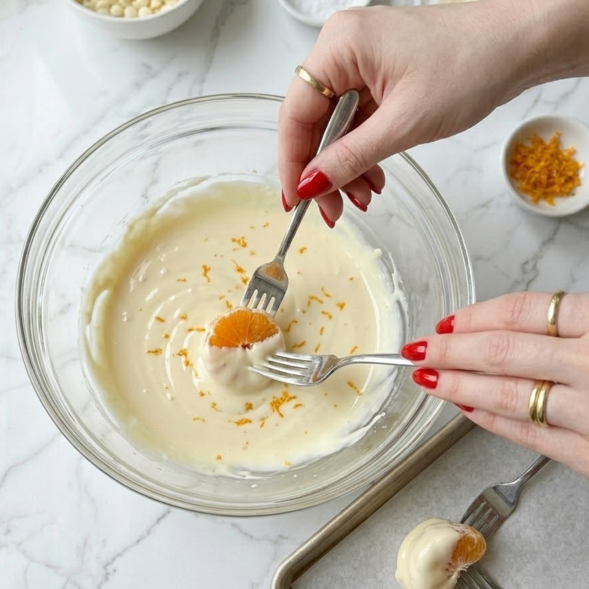 Close-up view dyal young woman's hands with classic red nails carefully using a fork to dip a mandarin orange segment into a bowl f glossy melted white chocolate, demonstrating Step 3 dyal l- recipe f a white marble counter.