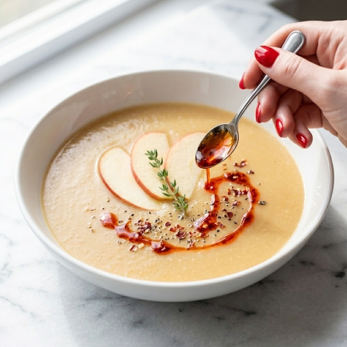 Extreme close-up overhead view of finished Spicy Apple Soup in a white bowl topped with apple slices and thyme. A young woman's hand with classic red nails is drizzling a vibrant swirl of red chili oil over the hot, velvety puree.