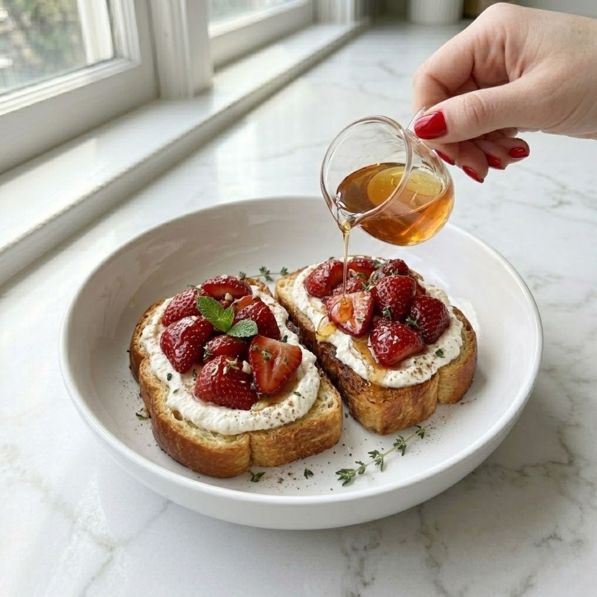 Extreme close-up overhead view dyal l- finished Roasted Strawberry Whipped Ricotta Toast on a white marble counter top in natural daylight, identically filename=image_5.png's presentation, showing l- two thick artisan bread toasts with whipped ricotta, roasted strawberries, fresh thyme, and sticky red syrup, being garnished f a thin stream dyal honey from a pitcher f a hand f classic red nails