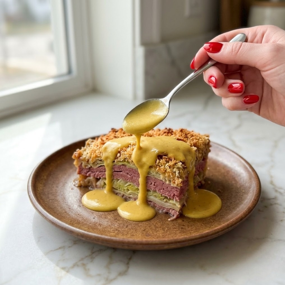 Extreme close-up view of a sliced, layered Corned Beef and Cabbage Casserole on a rustic plate. A young woman's hand with classic red nails is drizzling a warm, thick mustard cream sauce over the crunchy panko topping, cascading down the layers of cabbage and meat.