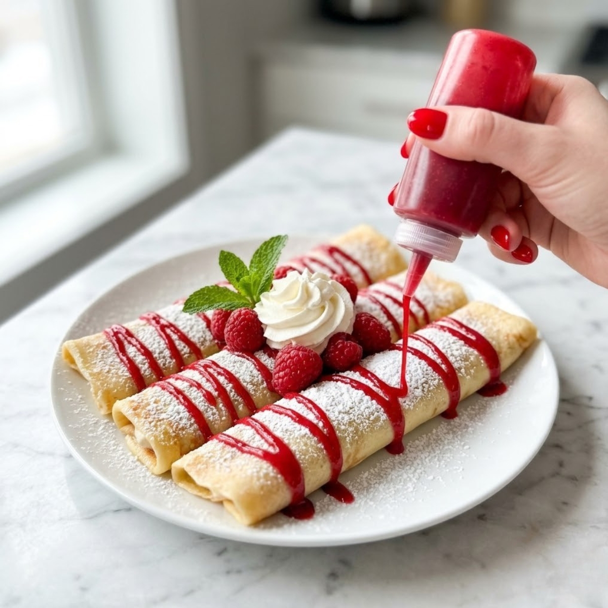 Extreme close-up view of three rolled crepes on a white plate dusted with powdered sugar and topped with whipped cream and berries. A young woman's hand with classic red nails uses a squeeze bottle to drizzle vibrant red raspberry coulis back and forth across the crepes.