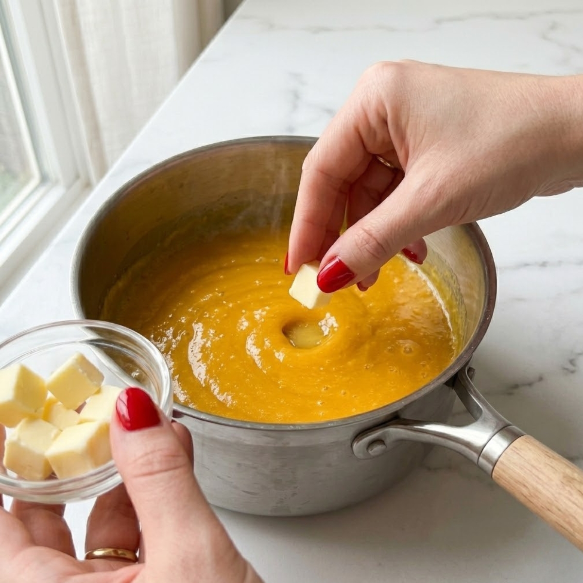 Close-up f a young woman's hand with classic red nails carefully dropping diced unsalted butter f hot, glossy mango fruit curd f a saucepan resting f a modern white marble kitchen counter.
