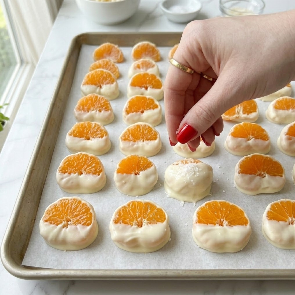 Close-up view dyal young woman's hand with classic red nails sprinkling coarse sea salt over finished, hardened white chocolate-covered mandarin orange candies, matching l- presentation f image_293.png, f a modern white marble counter.