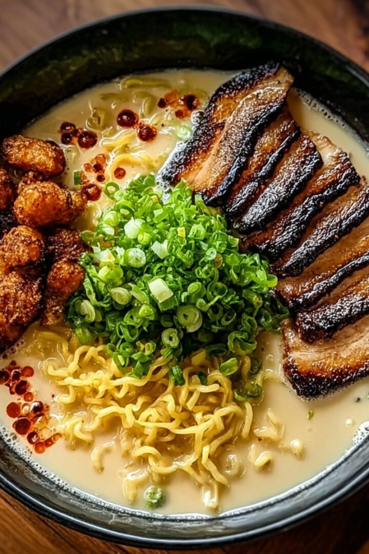 Fiery Chicken Ramen with Creamy Garlic Sauce in a black bowl with charred chashu, crispy chicken bites, ramen noodles, green onions, and chili oil.