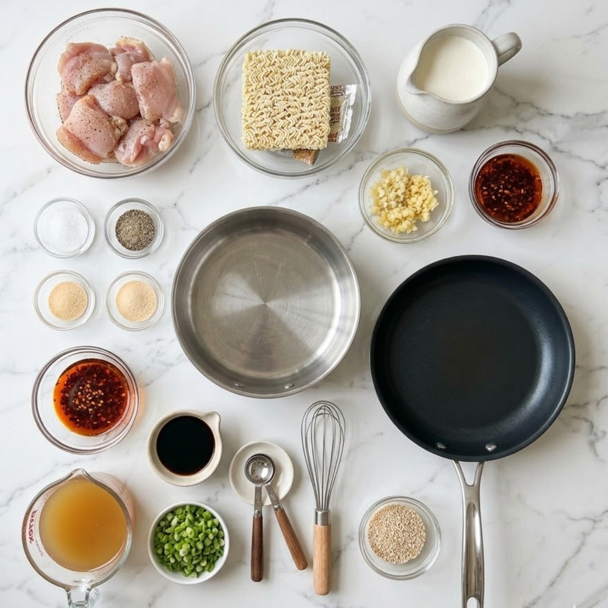 Overhead flat lay view of all ingredients for Fiery Chicken Ramen, including chicken thighs, ramen noodles, heavy cream, chili oil, garlic, and green onions, organized on a white marble kitchen counter without hands.