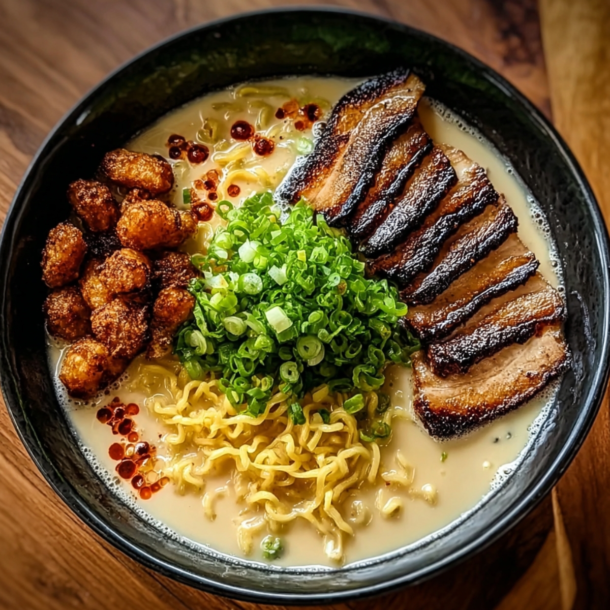 Fiery Chicken Ramen with Creamy Garlic Sauce in a black bowl with charred chashu, crispy chicken bites, ramen noodles, green onions, and chili oil.