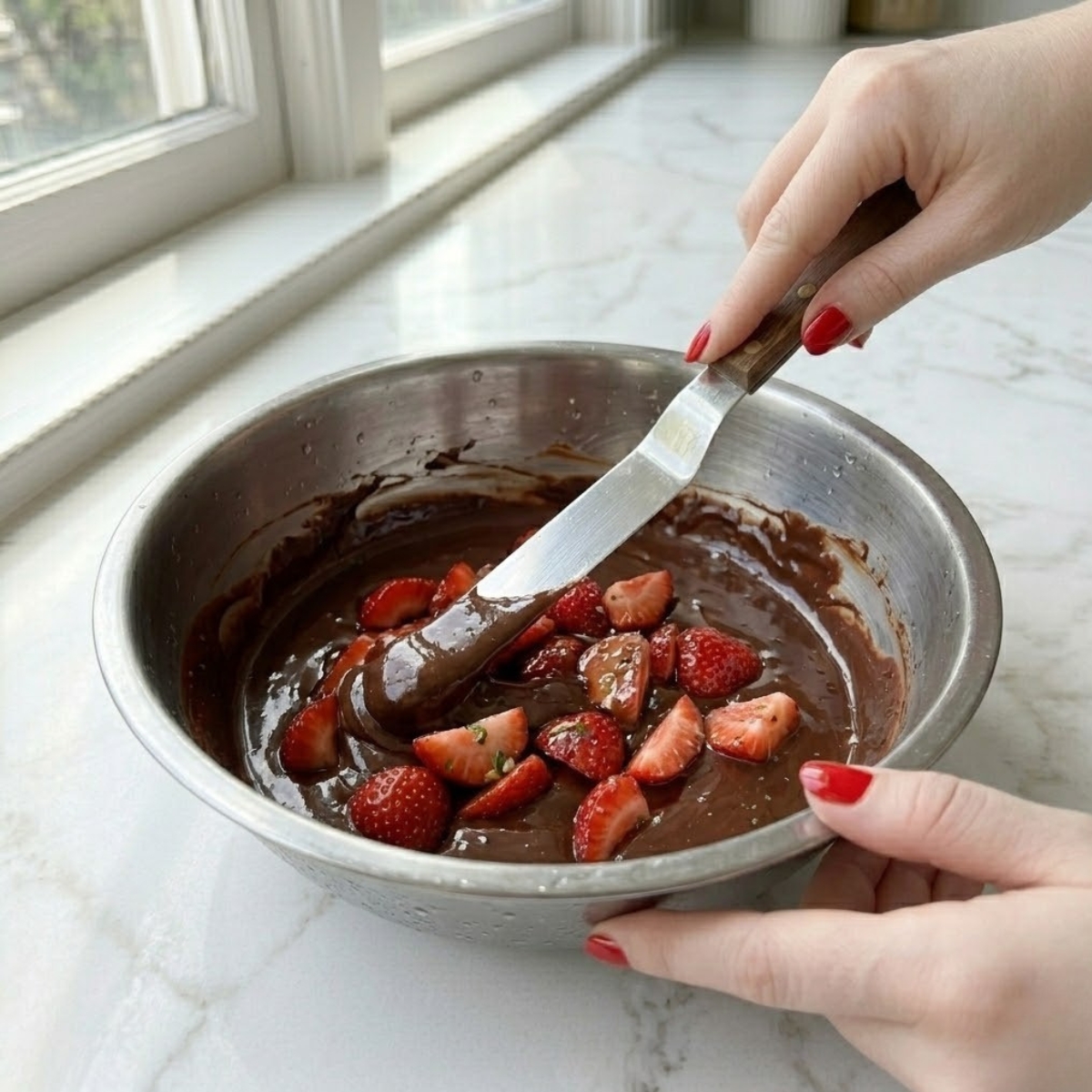 Close-up view dyal a young woman's hand f classic red nails using a spatula dyal fold macerated strawberries into glossy chocolate ganache, f a metal bowl f a white marble counter, illustrating Step 2 dyal l- recipe.