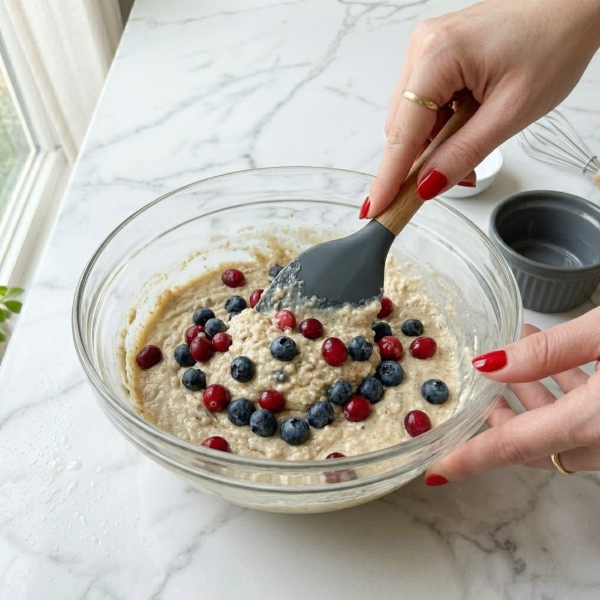 Close-up dyal young woman's hands with red nails using a spatula to gently fold fresh blueberries and cranberries into a thick oat-based protein pancake batter f a bowl on a white marble counter.