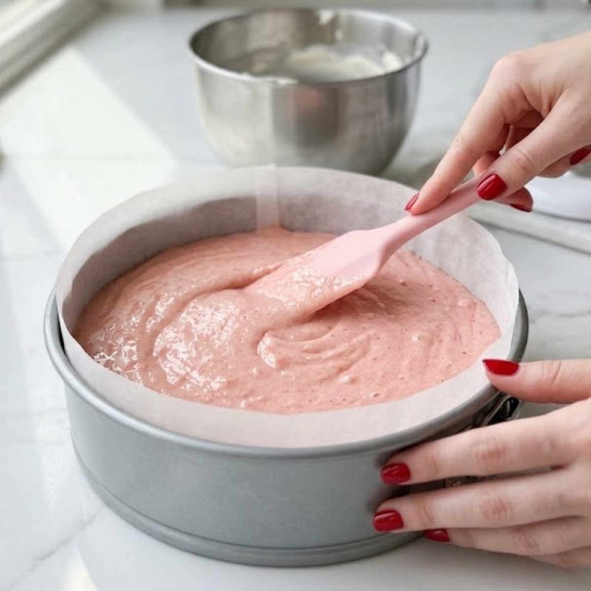 Close-up view of a young woman's hands with classic red nails using a spatula to fold and smooth a thick, light pink guava cake batter into a springform pan on a white marble kitchen counter with natural daylight.
