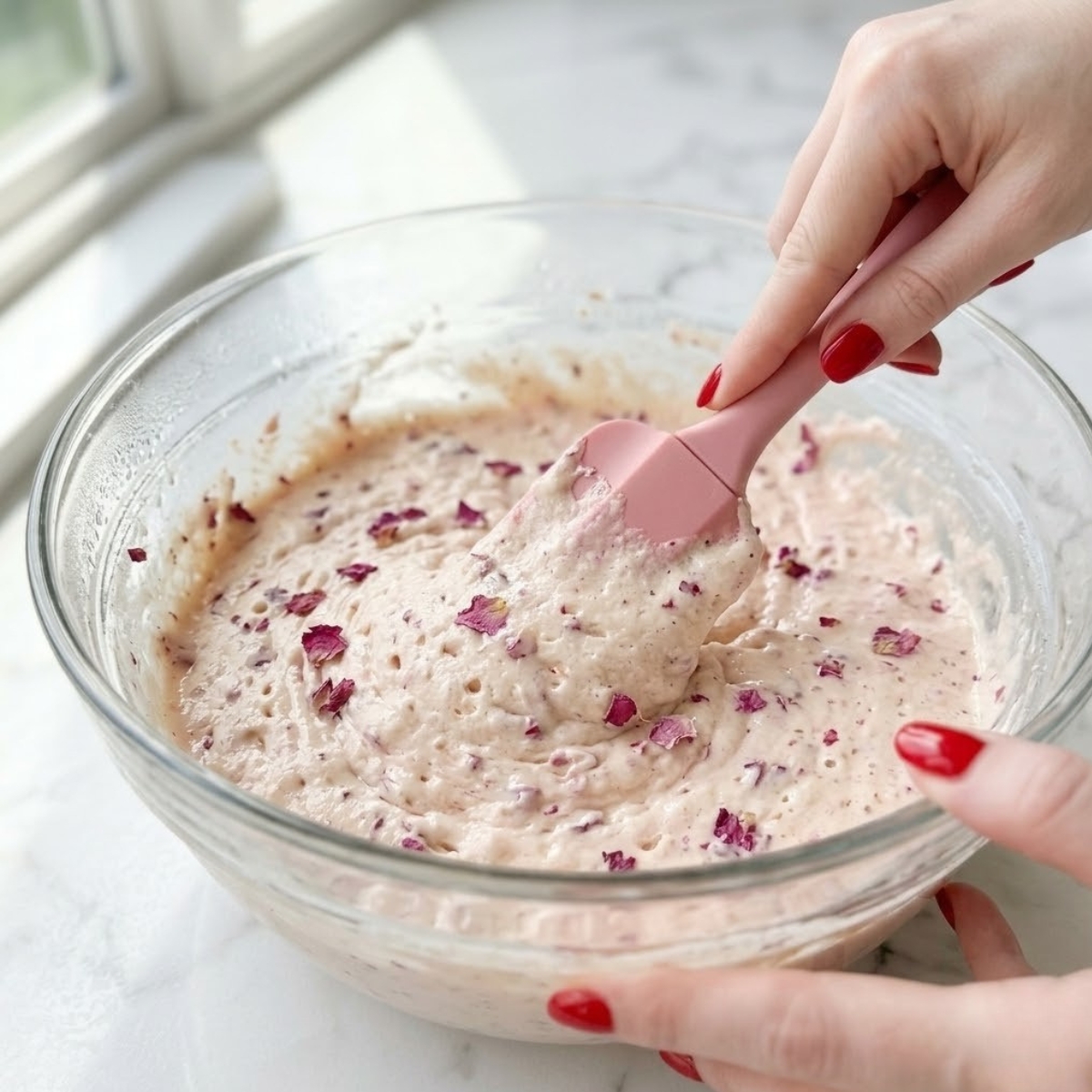 Close-up view dyal young woman's hands with classic red nails using a spatula to fold rose water mixture into pancake batter, f a white marble counter.