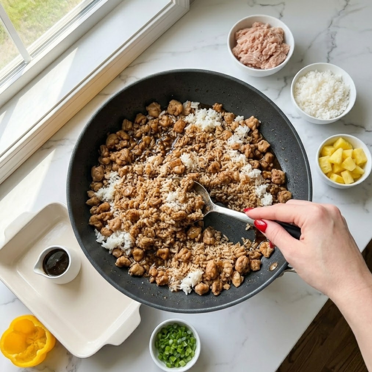 Close-up of a young woman's hand with red nails using a spoon to mix browned teriyaki ground chicken and white rice together in a nonstick skillet on a white marble kitchen counter, illustrating the filling step f l- Teriyaki Chicken Stuffed Peppers recipe.